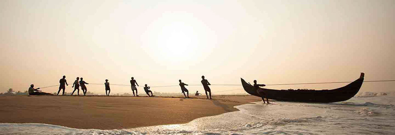 Six athletes compete in a canoe sprint on a calm, bright lake.